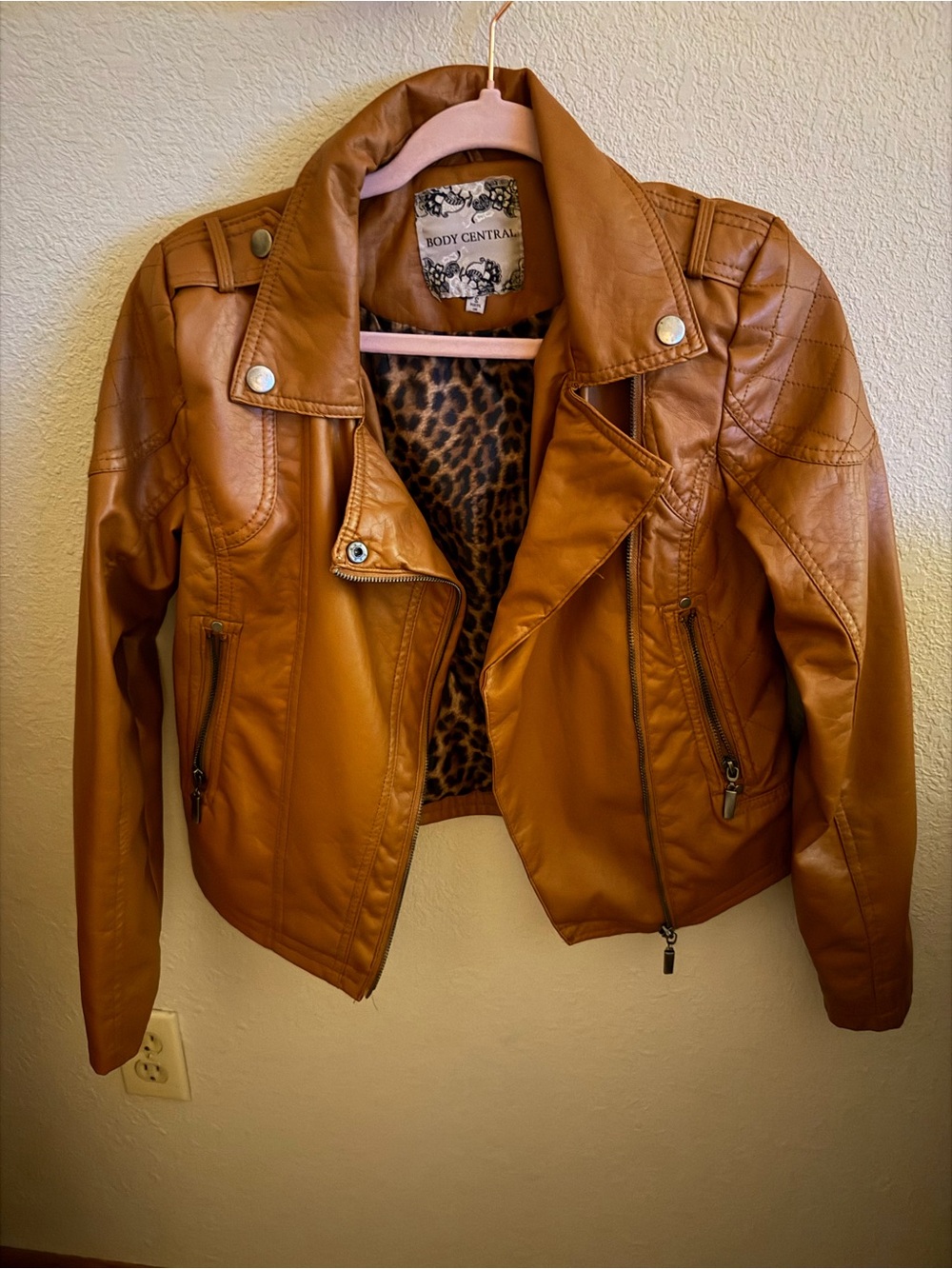Body Central Cognac Faux Leather Moto Jacket with Leopard Lining